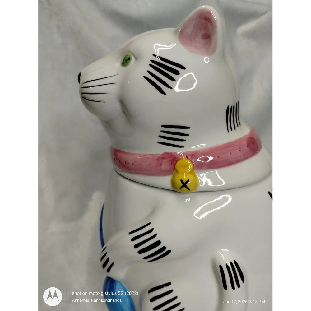 Vintage Ceramic Cat Cookie Jar‎ Taiwan White Cat w Mouse Yarn 1980s